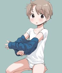  1boy :o aqua_background blush briefs classic_fly_briefs full_body green_background highres light_brown_hair looking_at_viewer male_focus male_underwear open_mouth original piko_(pixiv) shirt short_hair shota simple_background solo underwear undressing white_briefs white_male_underwear white_shirt  rating:Sensitive score:102 user:ponekad