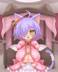  1girl ahoge alexi_(tits!) animal_ears bell neck_bell blush blush_stickers breasts cat_ears cat_girl cat_tail cleavage cleavage_cutout clothing_cutout collar dress fang female_focus hair_over_one_eye huge_breasts open_mouth purple_hair solo tail tail_ornament yellow_eyes  rating:Questionable score:40 user:Vhet303