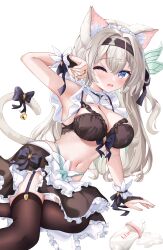  1girl animal_ear_fluff animal_ears apron baby_bottle black_bow black_bra black_hairband black_skirt black_thighhighs blue_eyes bottle bow bra breasts bridal_gauntlets cat_ears cat_girl cat_tail cleavage firefly_(honkai:_star_rail) frilled_apron frilled_skirt frills garter_straps grey_hair hairband highres hiyada_yuu honkai:_star_rail honkai_(series) kemonomimi_mode large_breasts long_hair milk navel one_eye_closed purple_eyes simple_background skirt solo tail tail_bow tail_ornament thighhighs thighs two-tone_eyes underwear white_background wrist_cuffs 