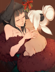 2girls animal_ears arms_at_sides back bare_back bare_shoulders black_hair breasts brown_background christmas closed_eyes couple dark-skinned_female dark_skin face-to-face feather_boa female_focus hair_bun hand_up highres horns imminent_kiss interracial lips medium_breasts mistletoe monster_girl multiple_girls neck neck_grab obj_shep off_shoulder open_mouth original parted_lips round_teeth sheep_ears sheep_girl sheep_horns shep_(obj_shep) short_hair sideboob teeth upper_body white_hair yuri rating:Questionable score:47 user:danbooru