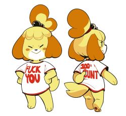 1girl animal_crossing animal_ears blonde_hair blush_stickers dog_ears dog_tail english_text female_focus furry furry_female hair_bobbles hair_ornament highres isabelle_(animal_crossing) looking_back mangneto nintendo profanity shirt simple_background smile solo standing t-shirt tail topknot white_background rating:Sensitive score:22 user:Dweenie