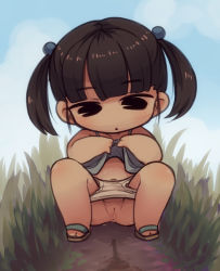 1girl anus black_eyes black_hair chibi cleft_of_venus clothes_lift cloud crab_man dress dress_lift female_focus full_body grass hair_bobbles hair_ornament lifted_by_self loli original outdoors panties panty_pull peeing pussy sandals short_hair short_twintails sky solo squatting twintails uncensored underwear rating:Explicit score:51 user:sytalidis