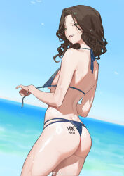  1girl absurdres artist_name ass bikini black_hair blue_bikini blue_sky breasts chinese_commentary clear_sky commentary_request cowboy_shot dated day dutch_angle from_side green_eyes halterneck han-0v0 highres horizon light_blush long_hair looking_at_viewer multi-strapped_bikini_bottom ocean open_mouth original outdoors shiny_skin simple_bird sky small_breasts solo standing string_bikini swimsuit teeth thong_bikini untied_bikini_top upper_teeth_only water wavy_hair weibo_logo weibo_watermark wet 