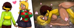  1boy 1girl ass blonde_hair blush breasts brown_hair colored_skin deltarune enigi09 furry furry_female furry_with_non-furry heart highres horns huge_ass interspecies kiss kris_(deltarune) large_breasts long_hair lying missionary noelle_holiday short_hair size_difference speech_bubble uniform yellow_skin 