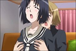 10s animated animated_gif black_hair blonde_hair blush bouncing_breasts bra breasts chiyo_(swing_out_sisters) closed_eyes huge_breasts open_mouth swing_out_sisters underwear undressing rating:Explicit score:61 user:von_karma