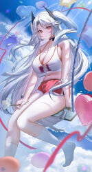  1girl absurdres azur_lane balloon bare_arms bare_shoulders blush breasts choker cleavage flower heart_balloon highres holding holding_flower kneehighs large_breasts long_hair looking_at_viewer multicolored_hair navel official_alternate_costume orange_eyes outdoors prinz_eugen_(azur_lane) prinz_eugen_(brilliant_touchdown)_(azur_lane) red_hair red_shorts short_shorts shorts sleeveless socks solo streaked_hair tansuan_(ensj3875) thighs white_hair white_socks 