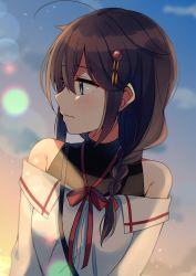 1girl adapted_costume ahoge bare_shoulders black_hair blouse blue_eyes blurry blush bokeh braid breasts closed_mouth cloud depth_of_field facing_viewer hair_between_eyes hair_flaps hair_ornament hair_over_shoulder hair_ribbon highres kantai_collection looking_to_the_side neck_ribbon official_alternate_costume outdoors red_ribbon ribbon shigure_(kancolle) shigure_kai_ni_(kancolle) shirt single_braid sky sleeveless sleeveless_turtleneck solo strapless turtleneck upper_body white_shirt yukichi_(eikichi) rating:Questionable score:6 user:danbooru