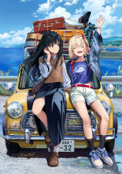  2girls ^_^ belt belt_buckle bicycle black_hair black_skirt blonde_hair blue_jacket blue_shirt breasts brown_footwear brown_sweater_vest buckle car closed_eyes closed_mouth cloud collarbone commentary copyright_name day denim english_commentary floating_hair hair_ribbon highres horizon inoue_takina jacket landscape leaning_on_object license_plate long_hair long_sleeves looking_at_another lycoris_recoil medium_breasts midriff_peek mixed-language_commentary motor_vehicle multiple_girls neko_(yanshoujie) nishikigi_chisato ocean open_clothes open_jacket open_mouth outdoors purple_eyes red_belt red_ribbon ribbon road shirt short_hair shorts signature single_off_shoulder skirt sky socks suitcase sweater_vest teeth tucking_hair upper_teeth_only white_footwear white_shorts white_socks 