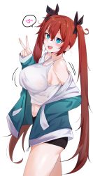  1girl blue_eyes breasts cleavage highres large_breasts last_origin may_of_doom navel p220_31495 red_hair short_shorts shorts solo thighs twintails v  rating:Sensitive score:26 user:cheezeit