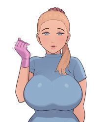  1girl blonde_hair blue_eyes breasts facing_viewer female_focus gloves handjob_gesture highres large_breasts looking_at_viewer mare_ten maya_(mare_ten) nurse parted_lips pink_gloves ponytail rubber_gloves smile solo straight-on  rating:Sensitive score:32 user:Failure100