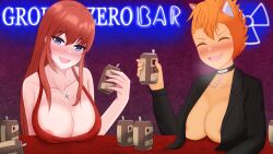  2girls animal_ears bar_(place) beer_can blue_eyes blush breasts can cat_ears cat_girl chain choker cleavage dark-skinned_female dark_skin drink_can drinking drunk fang grin halterneck highres jacket jewelry large_breasts laughing leather leather_jacket lena_(stormwyrm) long_hair mohawk multiple_girls neon_lights nipple_slip nipples orange_hair pendant rabitttt19 red_hair saoirse_(stormwyrm) smile stormwyrm the_incarnation_of_hatsune_miku  rating:Questionable score:5 user:stormwyrm861