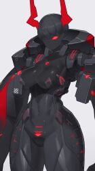  absurdres armor black_hair black_skin bodysuit breasts colored_skin covered_erect_nipples covered_navel echanis_enicha glowing glowing_eye hexagon highres horns joints medium_breasts no_pupils original red_eyes red_horns red_light robot_girl robot_joints short_hair very_short_hair white_background wide_hips 