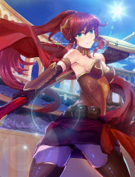 1girl arch arena armor armpits ass bare_shoulders belt belt_pouch boots breasts circlet cleavage diffraction_spikes elbow_gloves expressionless from_behind gloves gorget green_eyes lens_flare light_rays long_hair looking_at_viewer mai_(xskdizzy) outstretched_arms pillar pocket polearm ponytail pouch pyrrha_nikos red_hair rwby shield sideboob skirt solo_focus spear standing sunlight thigh_boots thighhighs very_long_hair weapon rating:Sensitive score:37 user:danbooru