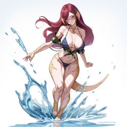  1girl absurdres armpit_crease au_ra barefoot bikini black_bikini breasts commission dragon_horns dragon_tail eyebrows_hidden_by_hair final_fantasy final_fantasy_xiv full_body gluteal_fold grey_eyes groin highres horns in_water large_breasts lips long_hair looking_at_viewer navel open_mouth outstretched_arms red_hair scales seventeencrows signature simple_background smile solo splashing spread_arms stomach swimsuit tail thick_thighs thighs toned_female walking warrior_of_light_(ff14) white_background 