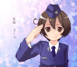 1girl brown_eyes brown_hair garrison_cap hat looking_at_viewer necktie sachou salute short_hair smile solo translated uniform 