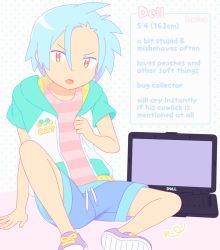  1boy blue_hair computer dell english_text highres laptop light_blue_hair open_mouth original pastel_colors shorts shota sweater tagme tay 