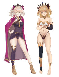 2girls absurdres ahoge anklet armlet artoria_pendragon_(all) artoria_pendragon_(fate) bare_shoulders bikini black_dress black_thighhighs blonde_hair bow bracelet breasts cape cosplay detached_collar detached_sleeves dress earrings ereshkigal_(fate) ereshkigal_(fate)_(cosplay) fate/stay_night fate_(series) full_body gold_trim green_eyes grin hair_bow hair_ribbon high_heels highres hood hooded_cape hoop_earrings ishtar_(fate) ishtar_(fate)_(cosplay) jewelry long_hair looking_at_viewer medium_breasts mismatched_bikini multiple_girls neck_ring open_mouth quatthro ribbon saber_(fate) saber_alter short_dress sidelocks single_detached_sleeve single_thighhigh skull_ornament smile spine swimsuit thighhighs thighlet tiara two_side_up yellow_eyes 