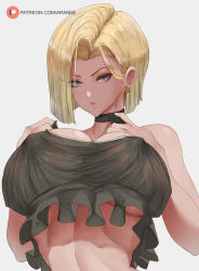 1girl android_18 araneesama black_choker blonde_hair blue_eyes bob_cut breast_lift breasts_squeezed_together breasts choker cleavage commentary covered_erect_nipples crop_top crop_top_overhang dragon_ball dragonball_z earrings english_commentary expressionless eyeshadow frills highres jewelry large_breasts looking_at_viewer makeup no_bra short_hair solo upper_body white_background rating:Questionable score:112 user:danbooru