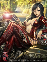  1girl applibot black_hair blue_eyes bodysuit bracelet breasts can cleavage clothing_cutout copyright_name cross-laced_clothes cross-laced_cutout dated furyou_michi_~gang_road~ unworn_headwear helmet unworn_helmet highres hip_vent jewelry large_breasts lens_flare long_hair mole mole_on_breast motor_vehicle motorcycle road shiny_skin sign solo sweat unzipped vehicle watermark xaxak  rating:Sensitive score:94 user:danbooru