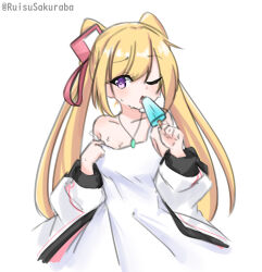  1girl absurdres blonde_hair counter:side dress food hair_ornament highres irie_alford jacket jewelry one_eye_closed open_mouth pendant popsicle pulling purple_eyes ruisusakuraba solo sweat twintails watermark white_background white_dress  rating:Sensitive score:1 user:kur0pur0
