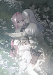  2girls :d black_bow blue_eyes bow braid capelet chihuri collared_shirt commentary_request day dress_shirt earrings ende_(chihuri) eye_contact flower grey_hair grey_skirt grey_vest hair_between_eyes hair_bow hair_intakes highres jacket jewelry long_hair looking_at_another lying multiple_girls nea_(chihuri) on_back on_grass open_clothes open_jacket open_mouth original outdoors parted_lips pink_hair profile purple_eyes shirt skirt smile stud_earrings very_long_hair vest white_capelet white_flower white_jacket white_shirt yuri 