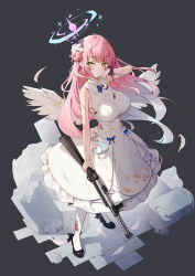  1girl absurdres black_footwear blood blood_on_clothes blood_on_face blue_archive blush breasts dampi dress falling_feathers feathered_wings feathers floating_hair full_body gun hair_bun halo highres holding holding_gun holding_weapon lanchester_smg large_breasts long_hair looking_at_viewer mika_(blue_archive) pantyhose pink_hair scrunchie shotgun single_side_bun sleeveless sleeveless_dress solo standing submachine_gun very_long_hair weapon white_dress white_pantyhose white_wings wings wrist_scrunchie yellow_eyes 