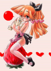  1girl black_footwear black_ribbon blossom_(ppg) blush breasts cartoon_network dress food food_on_body food_on_face fruit hair_ornament hair_ribbon heart heart_hair_ornament holding icing long_hair mary_janes nipples no_panties off_shoulder one_eye_closed open_mouth orange_hair pastry_bag pink_dress pink_eyes ponytail powerpuff_girls ribbon sexually_suggestive shoes sitting sleeveless sleeveless_dress small_breasts speech_bubble strawberry striped_background thighhighs tongue tongue_out usamirui white_background white_thighhighs 