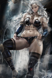  1girl abs absurdres boots breasts corset dorohedoro earrings gloves highres jewelry large_breasts long_hair looking_at_viewer muscular muscular_female navel noi_(dorohedoro) panties patreon_username red_eyes sakimichan smile solo thighhighs underwear watermark web_address white_hair  rating:Questionable score:59 user:Godefroy