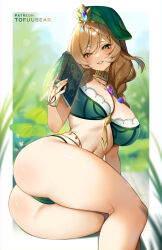 1girl adapted_costume ass blush book breasts brown_hair cleavage genshin_impact green_eyes green_headwear green_panties hair_ornament highres holding holding_book large_breasts lisa_(a_sobriquet_under_shade)_(genshin_impact) lisa_(genshin_impact) looking_at_viewer lying medium_hair navel on_side panties parted_lips patreon_username smile thighs tofuubear underwear rating:Questionable score:80 user:armorcrystal