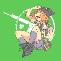  1girl alcohol ar-18 assault_rifle balaclava beer boots camouflage clover clover_leaf combat_boots cross-laced_footwear cup english_text fang foam freckles glass green_background green_eyes guinness_(beer) gun hat ireland irish_text jarv lace-up_boots military military_uniform miniskirt original red_hair rifle short_hair skirt sleeves_rolled_up socks uniform weapon  rating:Sensitive score:12 user:Zankoku