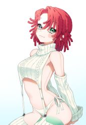  1girl absurdres aran_legwear aran_sweater backless_outfit blue_background blue_eyes cable_knit cropped_sweater detached_sleeves garter_straps gradient_background green_eyes heterochromia highres indie_virtual_youtuber meme_attire no_navel panties raggy_chiffon raggy_chiffon_(artist) red_hair ribbed_sleeves ribbed_sweater ribbed_thighhighs side-tie_panties sleeveless sleeveless_sweater sleeveless_turtleneck solo sweater turtleneck turtleneck_sweater underwear virgin_destroyer_sweater virtual_youtuber white_background white_panties white_sweater x_x 