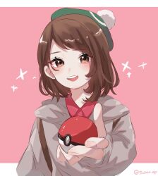  1girl artist_name border brown_eyes brown_hair commentary_request creatures_(company) game_freak gloria_(pokemon) highres holding holding_poke_ball looking_at_viewer medium_hair nintendo open_mouth outside_border poke_ball poke_ball_(basic) pokemon pokemon_swsh red_background simple_background smile solo sparkle suimin_ap twitter_username upper_body white_border 