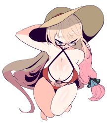  akisas99 arm_behind_head armpits bikini blonde_hair blue_eyes blush breasts collarbone commission embarrassed from_above glasses gradient_hair hand_on_own_head hat highres large_breasts long_hair low_ponytail multicolored_hair original pink_hair ponytail pubic_tattoo red_bikini shiny_skin swimsuit tattoo thick_eyebrows toes very_long_hair 