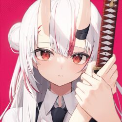  1girl collared_shirt hair_bun highres holding holding_sword holding_weapon hololive horns long_hair looking_at_viewer multicolored_hair nakiri_ayame nakiri_ayame_(streetwear) official_alternate_costume parted_lips portrait red_eyes red_hair shirt skin-covered_horns solo streaked_hair sword thomas_8000 virtual_youtuber weapon white_hair  rating:General score:6 user:danbooru
