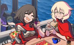  4girls alcohol armor black_hair blonde_hair brown_hair centurii-chan centurii-chan_(artist) closed_eyes coffee coffee_cup commentary cup disposable_cup drinking_glass eating english_commentary food greco-roman_clothes holding holding_food holding_pizza implied_cunnilingus implied_yuri long_hair multiple_girls ocean open_mouth original outdoors pizza pizza_slice praetorian_(centurii-chan) prosciutto_(food) purple_robe robe roman_armor roman_clothes sandwich sharp_teeth short_hair table teeth when_you_see_it wine wine_glass yuri  rating:Questionable score:15 user:danbooru