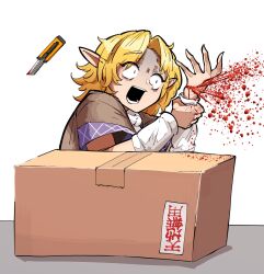  1girl accident blonde_hair blood blood_spray box boxcutter brown_shirt cardboard_box commentary_request constricted_pupils cookie_(touhou) cuts highres holding_boxcutter injury joker_(cookie) masking_tape medium_bangs medium_hair mizuhashi_parsee odoro_(nicoseiga81184094) parted_bangs pointy_ears scarf shirt solo touhou translated turn_pale upper_body white_scarf 