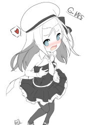  1girl absurdres beret blue_eyes blush bow character_name collared_dress commentary_request dot_nose dress embarrassed feet_out_of_frame fingernails flat_chest frilled_dress frills from_above from_side girls&#039;_frontline greyscale hair_bow hands_on_own_chest hat heart highres long_hair looking_at_viewer looking_to_the_side looking_up mary_janes monochrome mp5_(girls&#039;_frontline) necktie nose_blush open_mouth pantyhose shoes short_dress sideways_glance sleeveless sleeveless_dress solo speech_bubble spoken_heart spot_color sweatdrop wristband yamacchi 