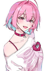  1girl 92abe1 absurdres ahoge animal_collar aqua_hair blush bob_cut bone_print breasts collar collarbone commentary earrings fang hair_intakes heart_on_chest highres idolmaster idolmaster_cinderella_girls jewelry large_breasts looking_at_viewer multicolored_hair off-shoulder_shirt off_shoulder pill_earrings pink_eyes pink_hair print_shirt shirt short_hair simple_background smile solo two-tone_hair upper_body white_background yumemi_riamu 