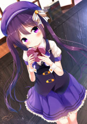 1girl absurdres beret black_vest blush book bow box chinomaron closed_mouth commentary_request frilled_skirt frills gift gift_box gochuumon_wa_usagi_desu_ka? hair_between_eyes hair_bow has_bad_revision has_downscaled_revision hat head_tilt heart-shaped_box highres holding holding_gift indoors long_hair md5_mismatch puffy_short_sleeves puffy_sleeves purple_eyes purple_hair purple_hat purple_skirt resolution_mismatch shirt short_sleeves signature skirt solo source_smaller standing striped striped_bow tedeza_rize twintails twitter_username valentine very_long_hair vest white_bow white_shirt window wooden_floor wrist_cuffs rating:Sensitive score:5 user:danbooru