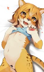  1girl animal_ears animal_nose bad_id bad_twitter_id bar_censor blonde_hair blush body_fur bottomless brown_eyes censored claws cleft_of_venus crop_top fewer_digits furry furry_female groin highres leopard_ears leopard_girl leopard_tail loli looking_at_viewer lying multicolored_fur navel nipples on_back open_mouth original paw_print pyoin_pyoin sharp_teeth solo spotted_fur stomach tail teeth white_fur yellow_fur 