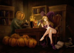  1boy 1girl ankle_boots bare_shoulders blonde_hair book boots bottle breasts candle candlelight carrying cleavage crossed_legs deneb_rove drawdragon dress gloves hat holding holding_smoking_pipe indoors inkwell jack-o&#039;-lantern lamp large_breasts leaning_forward legs long_hair looking_at_another microdress open_book pumpkin pumpkinhead_(ogre_battle) purple_dress purple_footwear purple_gloves purple_hat quill revision scroll shelf shoes single_shoe sitting smile smoking smoking_pipe strapless strapless_dress sword table tactics_ogre taut_clothes taut_dress thighs toes tunic unworn_boot unworn_boots weapon witch witch_hat yellow_eyes 