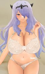  absurdres artist_name bare_shoulders bra breasts camilla_(fire_emblem) cleavage closed_mouth collarbone female_focus fire_emblem fire_emblem_fates genm7 grey_background hair_over_one_eye highres huge_breasts light_blush long_hair looking_at_viewer matching_hair/eyes navel nintendo panties purple_eyes purple_hair sitting smile solo source_request stomach thick_thighs thighs underwear very_long_hair wavy_hair white_bra white_panties 