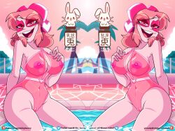  absurdres heart heart-shaped_pupils highres milkybunny miss_heed covered_erect_nipples pink_hair seductive_smile smile symbol-shaped_pupils translucent villainous  rating:Explicit score:2 user:bloonchip