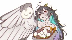  1girl ahoge animal_ears bandage_on_face bandages bandaid bandaid_on_face basket bird_ears black_hair blue_hair breasts cleavage colored_inner_hair commentary dirty dirty_face egg english_commentary feathered_wings gradient_hair grey_feathers grey_wings harpy highres holding holding_egg leaf looking_at_viewer medium_breasts messy_hair monster_girl multicolored_hair one_eye_closed orange_eyes original purple_hair reaching reaching_towards_viewer shinbun_n simple_background smile smiley_face solo white_background winged_arms wings 