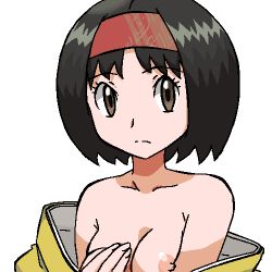 1girl blush breasts clothes_lift creatures_(company) erika_(pokemon) game_freak gomatarou_(pixiv196136) gym_leader japanese_clothes kimono looking_at_viewer lowres nintendo nipples no_bra pokemon pokemon_hgss shirt_lift simple_background solo upper_body white_background rating:Questionable score:69 user:Perv-Ultra