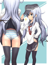 10s 1girl adjusting_clothes adjusting_headwear anchor_symbol bad_id bad_nicoseiga_id black_thighhighs branch breasts clothes_lift cowboy_shot flat_cap from_behind hand_on_own_hip hat hibiki_(kancolle) highres kantai_collection long_hair multiple_views panties pantyshot peaked_cap pleated_skirt profile sailor_collar school_uniform serious siesta_(artist) silver_hair skirt skirt_caught_on_object skirt_lift small_breasts sparkle standing striped_clothes striped_panties thighhighs thighs underwear rating:Questionable score:24 user:danbooru