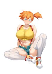  1girl :o alternate_breast_size aqua_eyes asymmetrical_hair bare_shoulders blue_eyes blush breasts covered_erect_nipples creatures_(company) crop_top curvy cutoffs denim denim_shorts female_focus full_body game_freak gym_leader highres huge_breasts large_breasts looking_at_viewer midriff misty_(pokemon) navel nintendo nipples open_mouth orange_hair pokemon pokemon_(anime) pokemon_(classic_anime) ponytail ranhatu shiny_skin shirt shoes short_hair short_shorts shorts side_ponytail simple_background sitting sneakers solo spread_legs suspenders tank_top thick_thighs thighhighs thighs white_thighhighs wide_hips yellow_shirt yellow_tank_top 