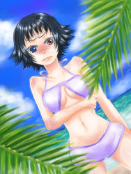  1girl bare_shoulders beach bikini black_hair blue_eyes blush breasts capcom devil_may_cry_(series) devil_may_cry_3 female_focus heterochromia lady_(devil_may_cry) nature outdoors red_eyes scar short_hair sky solo sweet_sweet swimsuit water 