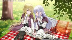  2girls :d arm_at_side assault_lily black_thighhighs blanket blonde_hair blush braid briefcase brown_capelet brown_jacket buttons capelet chiune_(yachi) collared_dress commentary_request day dress flower frilled_dress frilled_sleeves frills grass grey_hair grey_necktie hair_ribbon hand_up holding holding_flower holding_hands jacket jewelry kon_kanaho layered_dress long_hair long_sleeves looking_at_flowers miyagawa_takane multiple_girls necktie official_alternate_costume official_art on_ground open_mouth outdoors parted_lips picnic profile purple_eyes purple_ribbon ribbon ring short_necktie side_braid sidelocks sitting sleeveless sleeveless_jacket smile thighhighs tree underbust very_long_hair watermark white_dress yellow_eyes yellow_flower yuri 