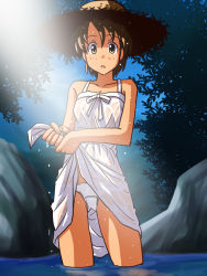 1girl brown_eyes brown_hair clothes_lift commentary_request cowboy_shot crotch_seam day dress dress_lift drying fujimoto_atsuko hat lielos lifting_own_clothes looking_at_viewer medium_dress original outdoors panties pantyshot parted_lips partial_commentary see-through short_hair solo spaghetti_strap standing straw_hat sun_hat sunlight underwear wading wet wet_clothes white_dress white_panties